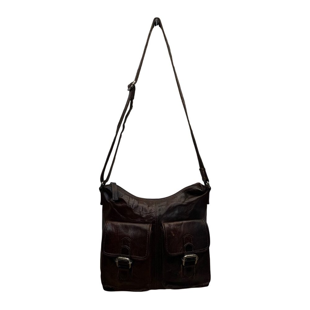 Spikes & Sparrow Womens Brown Leather Adjustable Crossbody Bag Dual Pocket